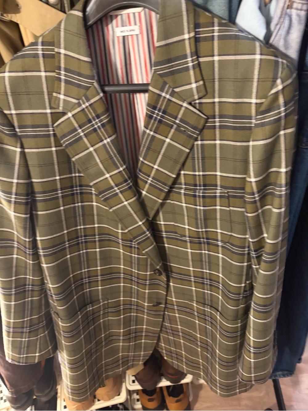 Thom Browne Olive Plaid Sport Coat with Navy & Cream Windowpane